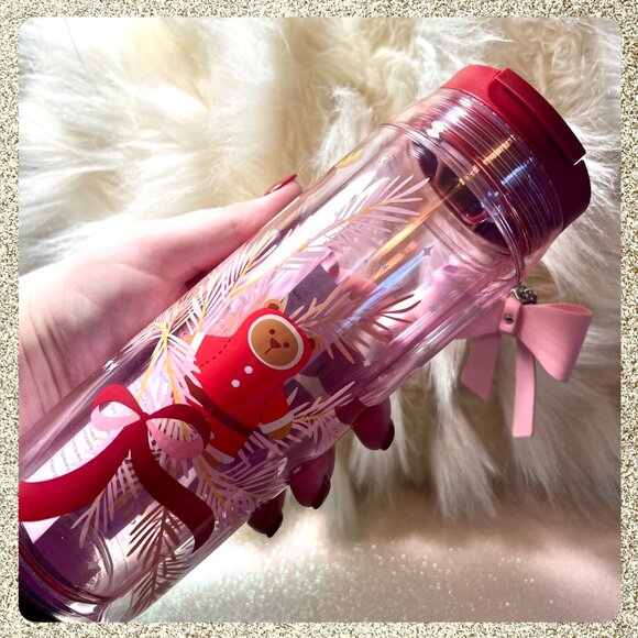 🎄🎀 NWT 2025 Starbucks Christmas Pink/Mauve 16oz Bottle w/ Ribbon Charm - Picture 3 of 12